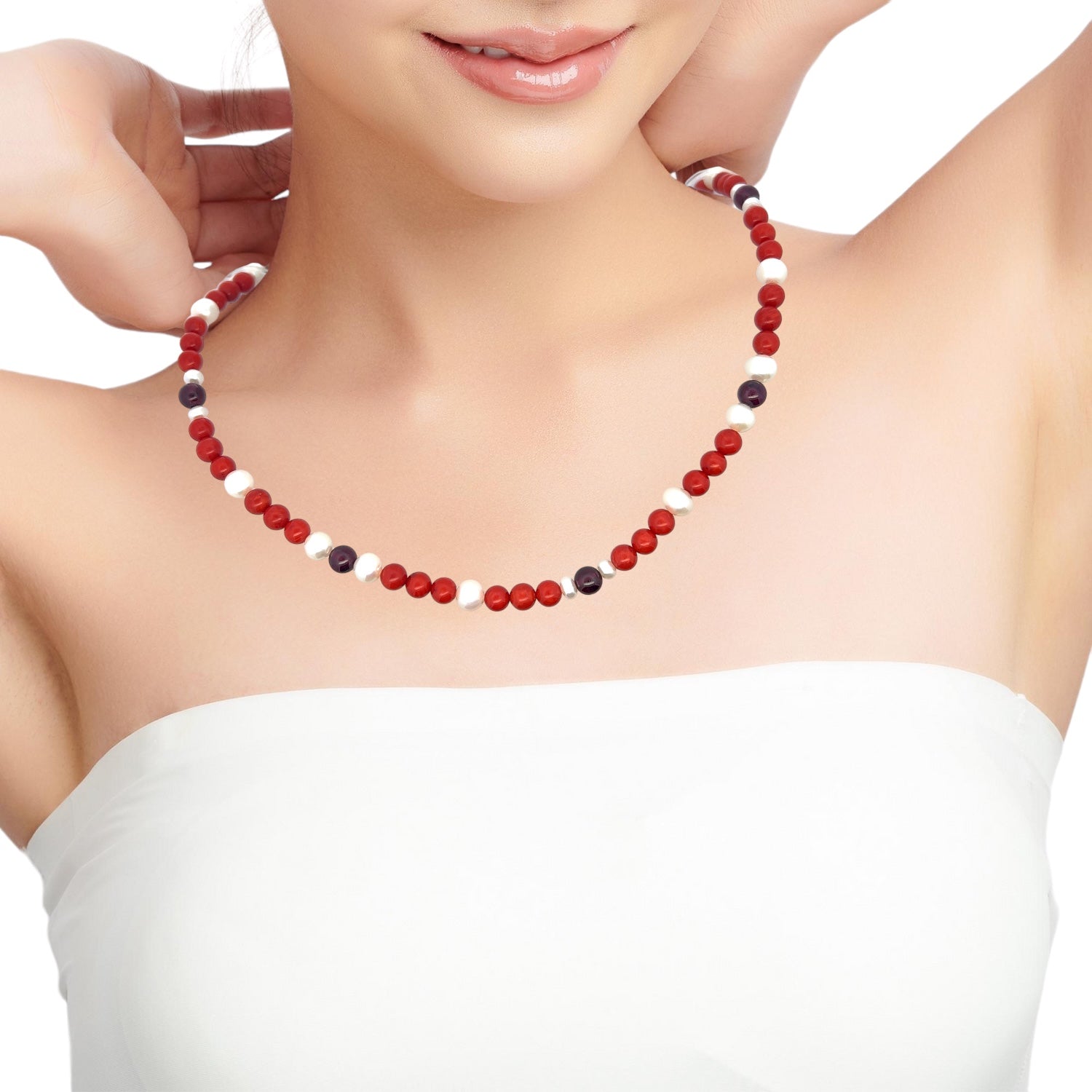 Natural Coral & Garnet Pearl Chakras Gemstone Necklace