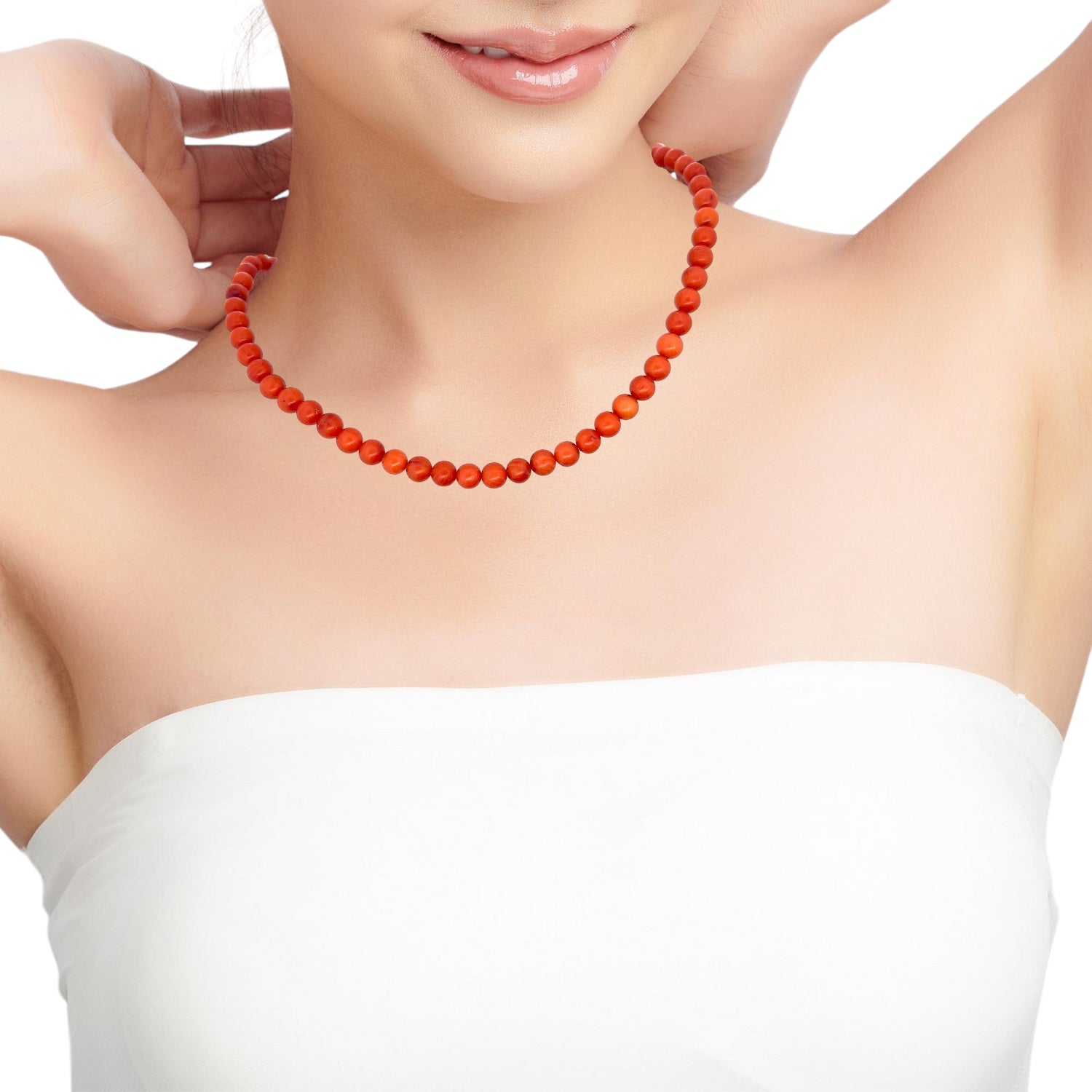 Natural Coral Plain 6mm Ball Semiprecious Necklace