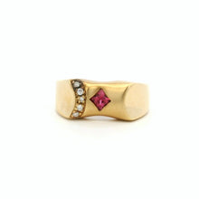 14K Yellow Gold Gypsy Ring | Natural Pink Tourmaline & Brilliant Diamond Accents | Vintage Flush-Set Band
