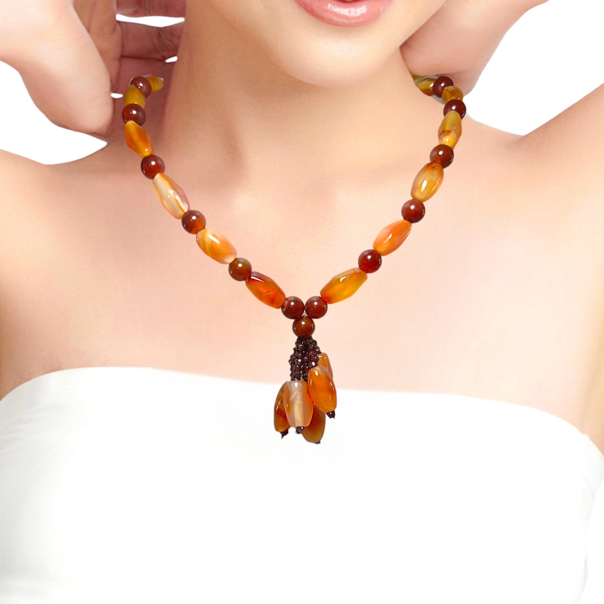 Natural Carnelian Balloon & Garnet Gemstone 15.5 inch Necklace Jewelry