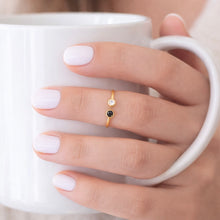 18K Yellow Gold Open Cuff Ring | Natural Black & White Diamond Bezel-Set Duo | Modern Minimalist Design