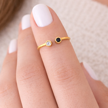 18K Yellow Gold Open Cuff Ring | Natural Black & White Diamond Bezel-Set Duo | Modern Minimalist Design