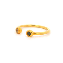 18K Yellow Gold Open Cuff Ring | Natural Black & White Diamond Bezel-Set Duo | Modern Minimalist Design