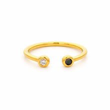 18K Yellow Gold Open Cuff Ring | Natural Black & White Diamond Bezel-Set Duo | Modern Minimalist Design