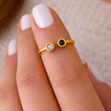 18K Yellow Gold Modern Cuff Ring | Bezel-Set Black and White Duo Diamond | Elegant Stackable Style