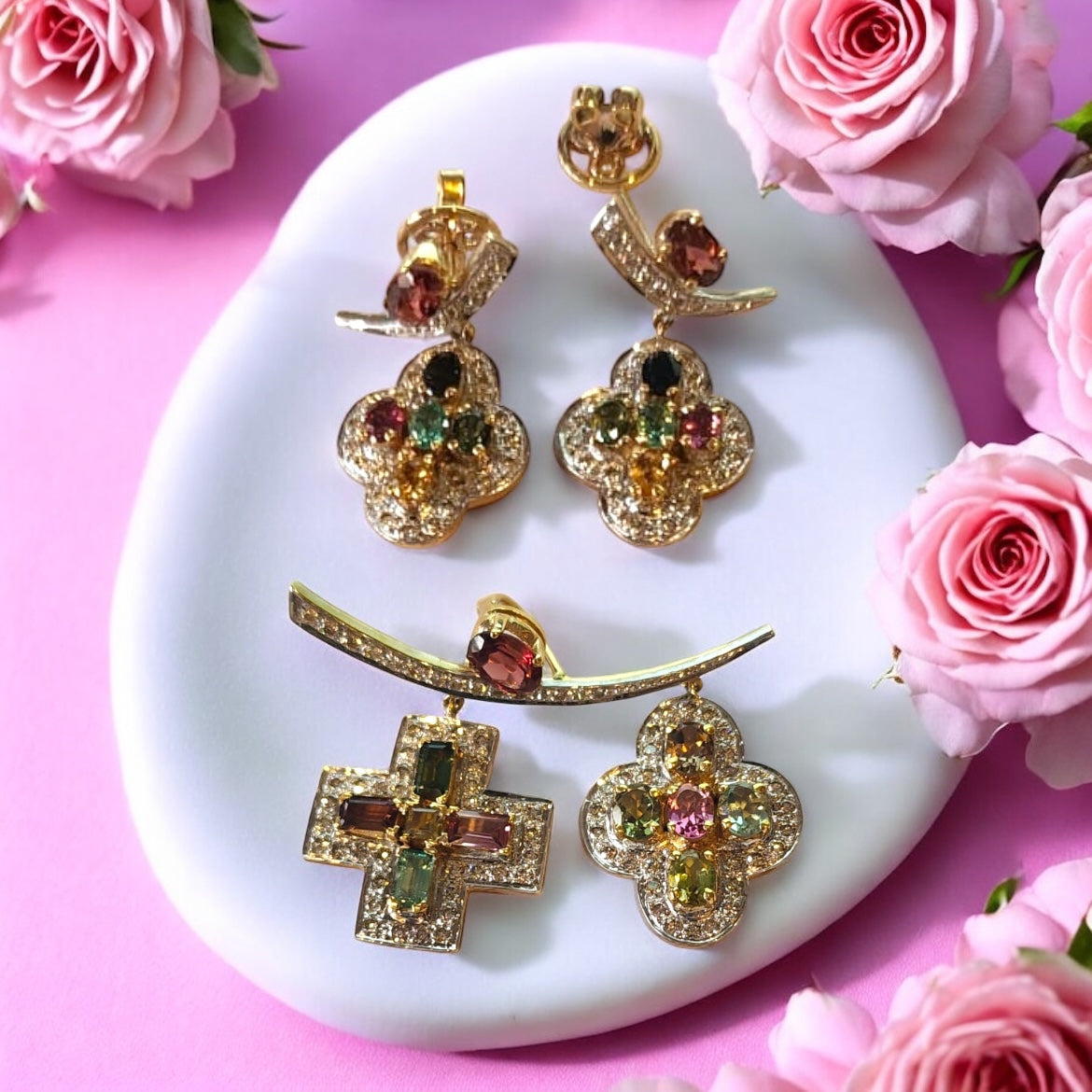 18K Two Tone Gold Pendant Earring Set with Natural Diamond & Amethyst Jewellery