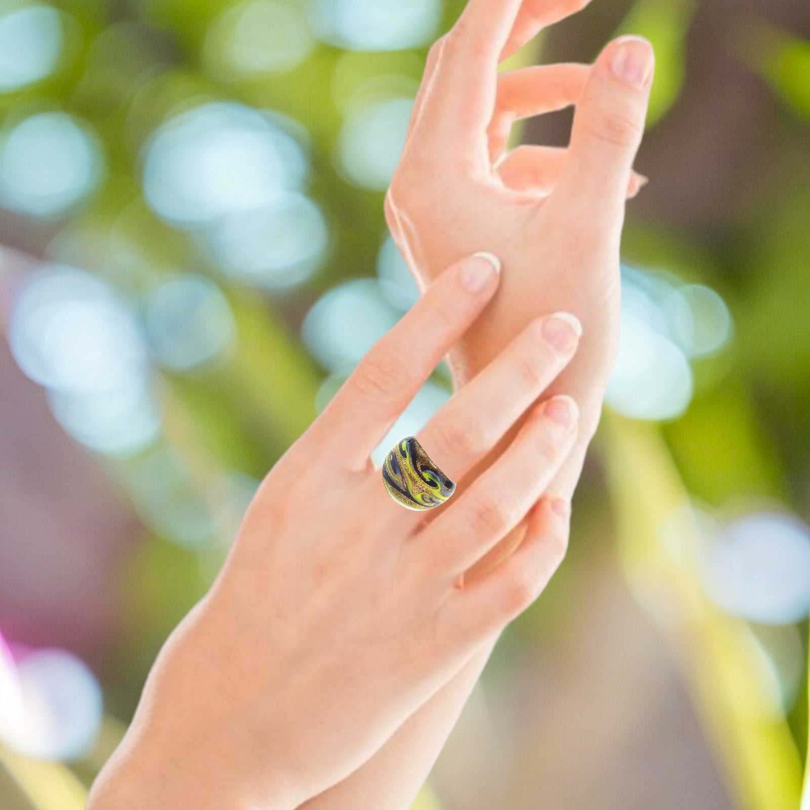 Handmade Glass Acrylic Ring Arabesque Chromatic Golden Infinity Band