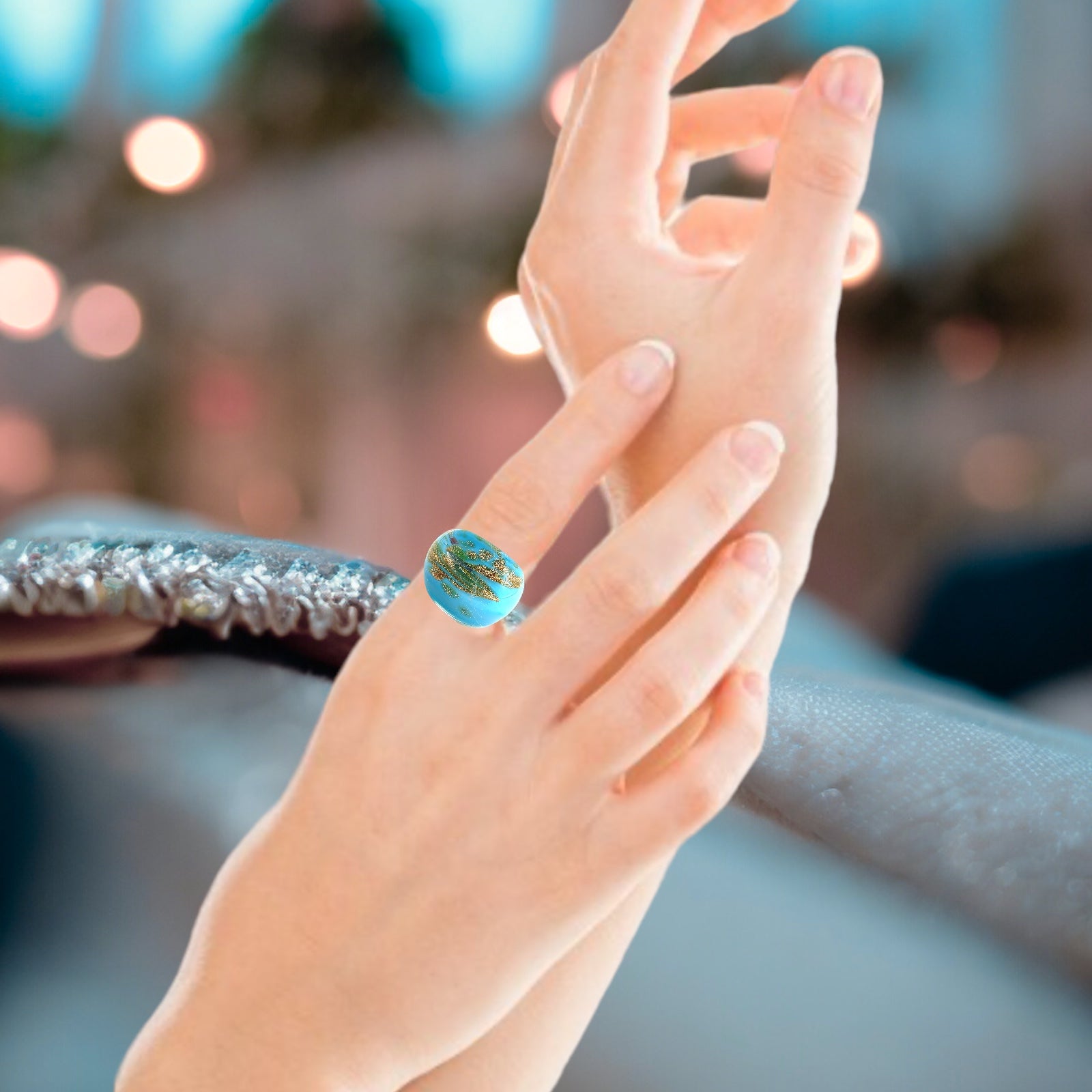 Handmade Glass Acrylic Ring Horizon Azure Golden Infinity Band