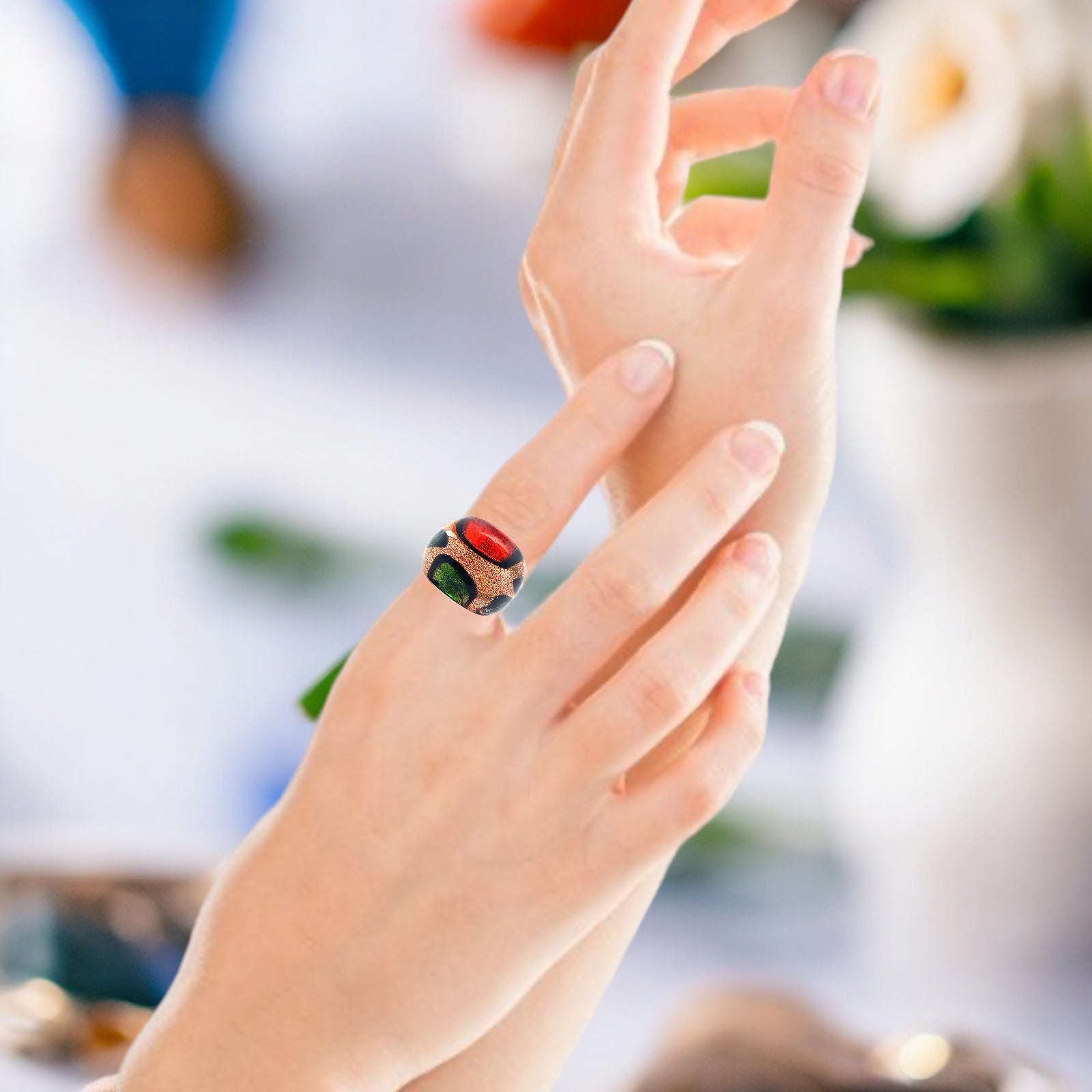 Handmade Glass Acrylic Ring Citrus Autumn Golden Foliage Infinity Band