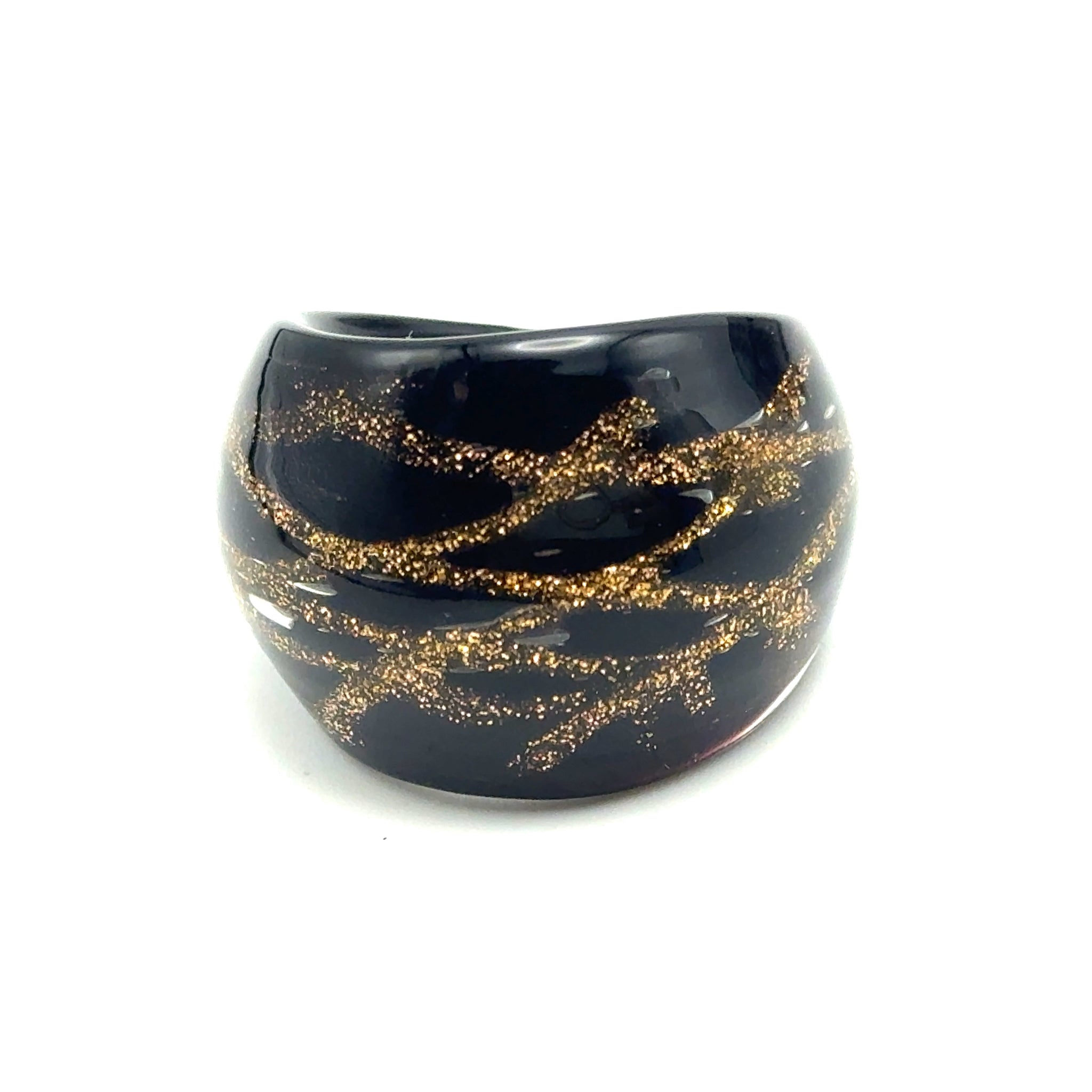 Handmade Glass Acrylic Ring Golden Stripes Black Infinity Band