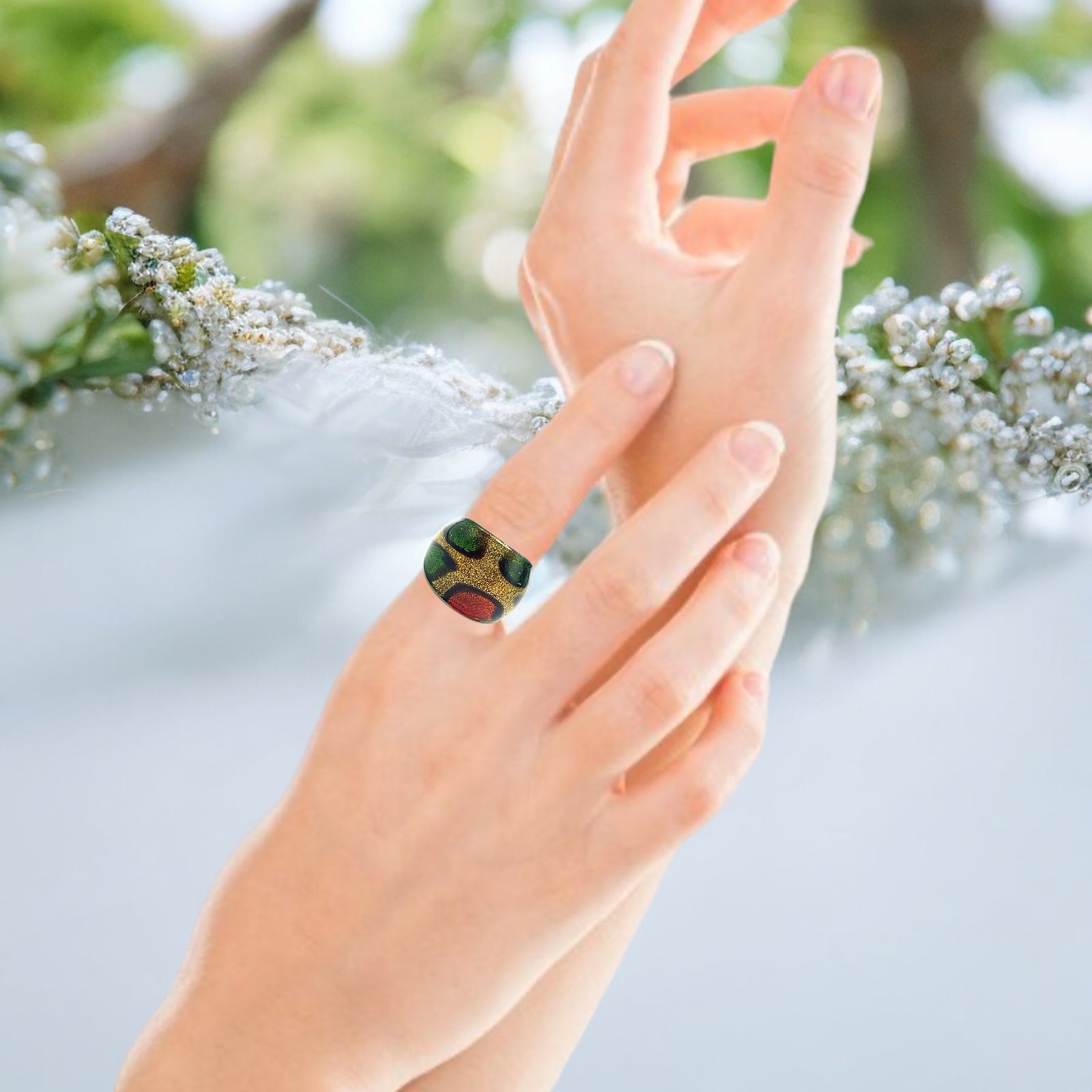 Handmade Glass Acrylic Ring Autumnal Golden Citrus Foliage Infinity Band