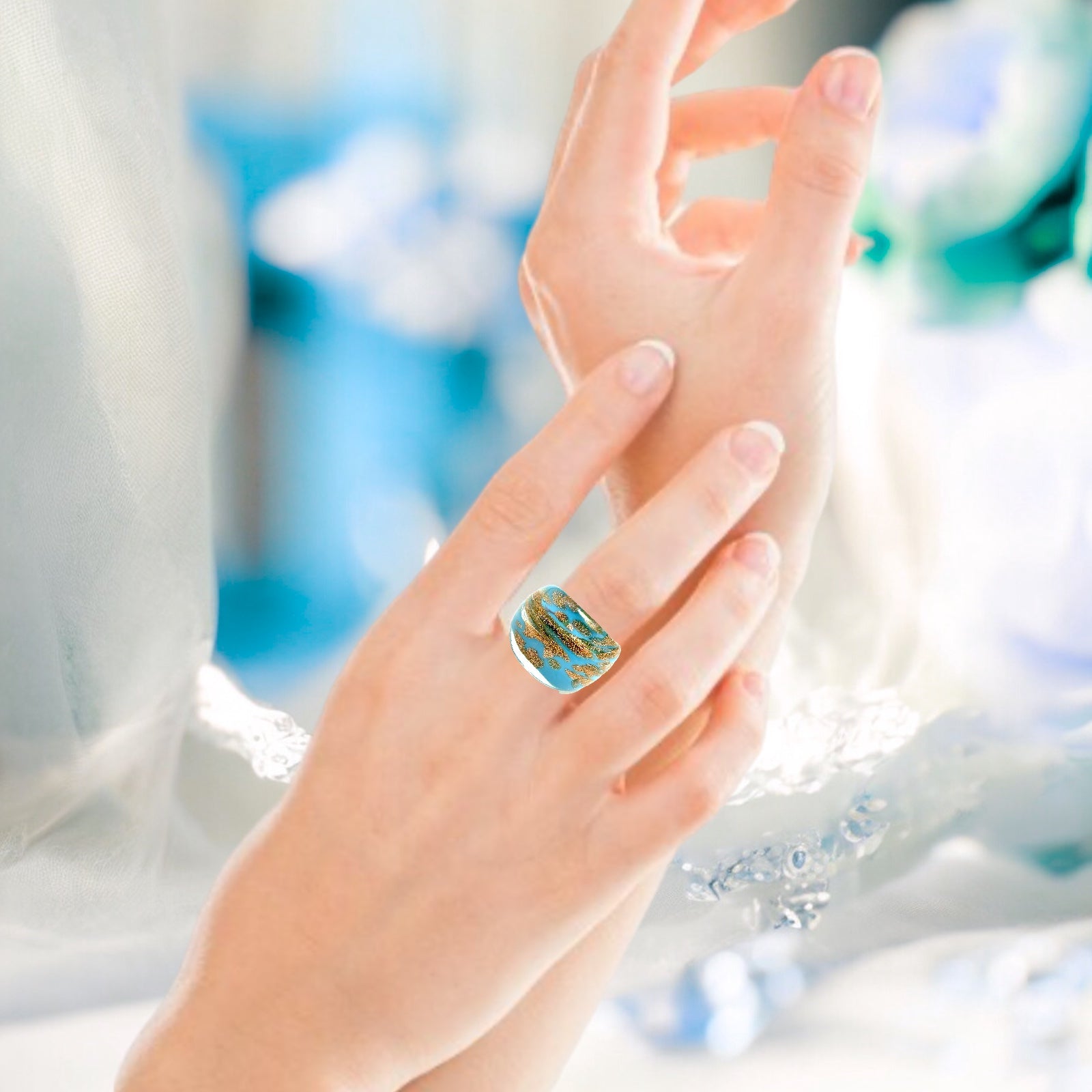 Handmade Glass Acrylic Ring Azure Horizon's Golden Infinity Band