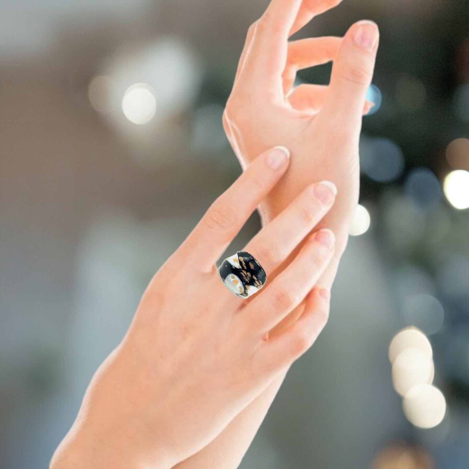 Handmade Glass Acrylic Ring Gilded Elegance Monochromically Infinity Band