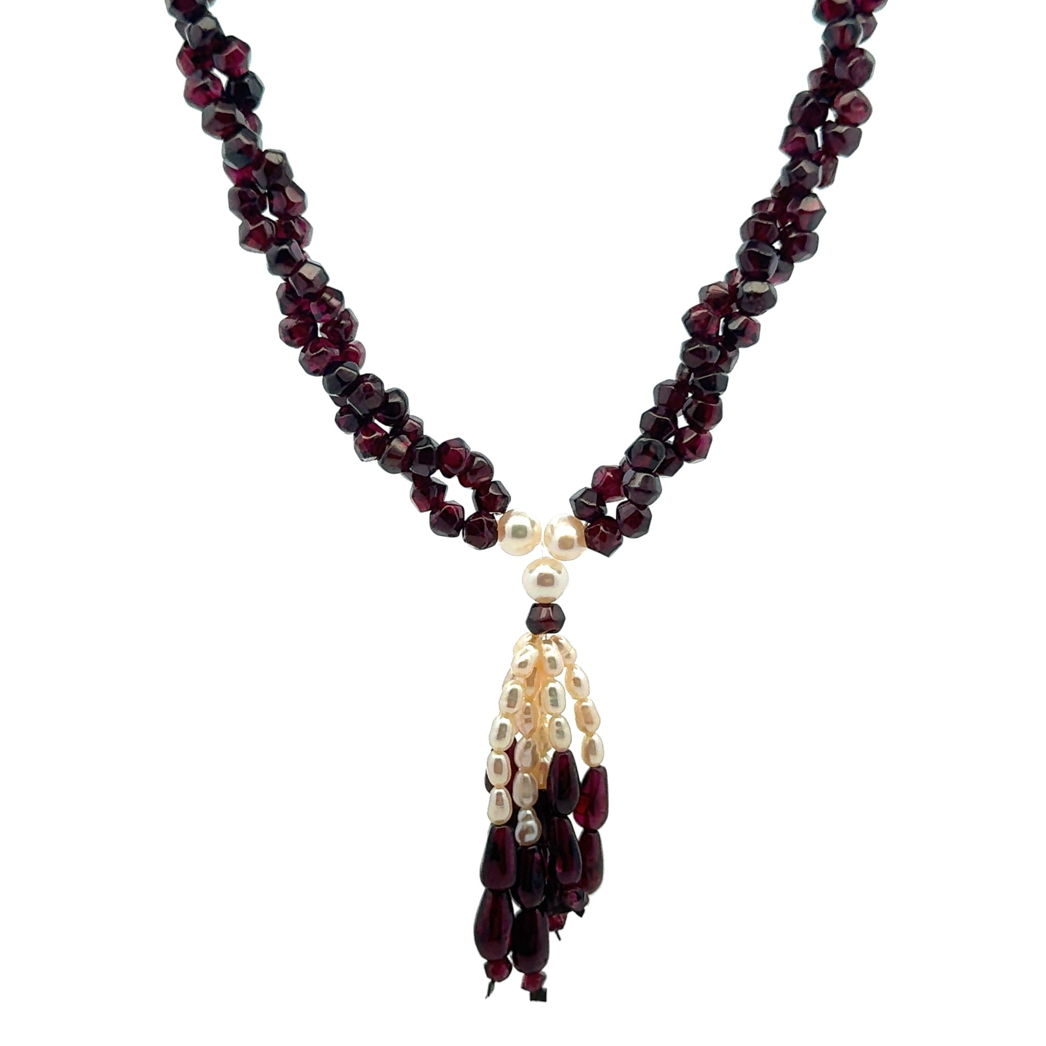 Natural Garnet Rondelle Facet Cut & Pearl Twisted Gemstone Necklace