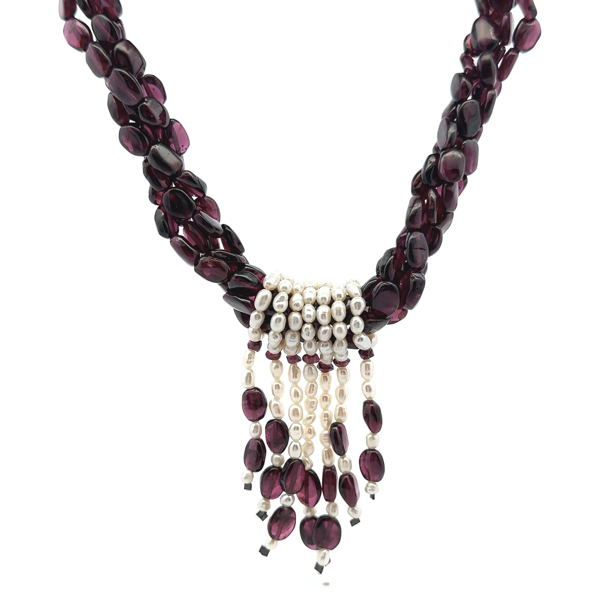 Natural Garnet Mani & Pearl Rice Twisted Gemstone Necklace