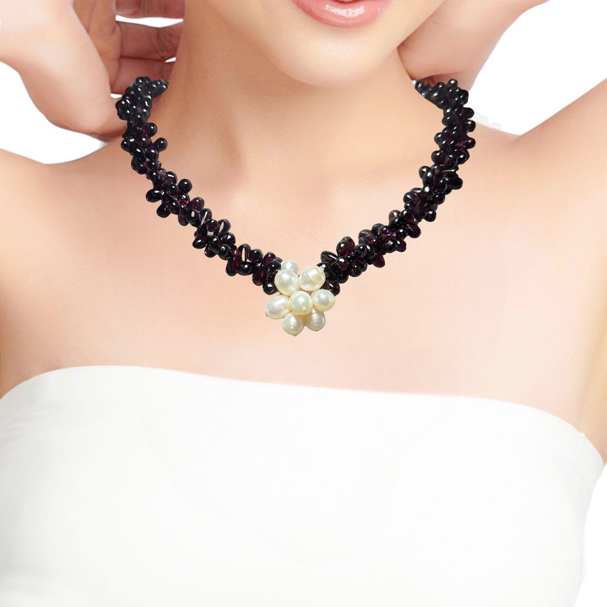 Natural Handmade Necklace 16"-18" Pear Drop Garnet Pearls Gemstone Beads Jewelry