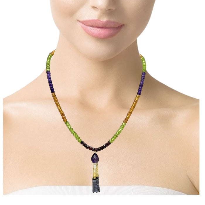 Multi Semiprecious Natural, Citrine, Tanzanite, Peridot, and Amethyst Gemstone Necklace