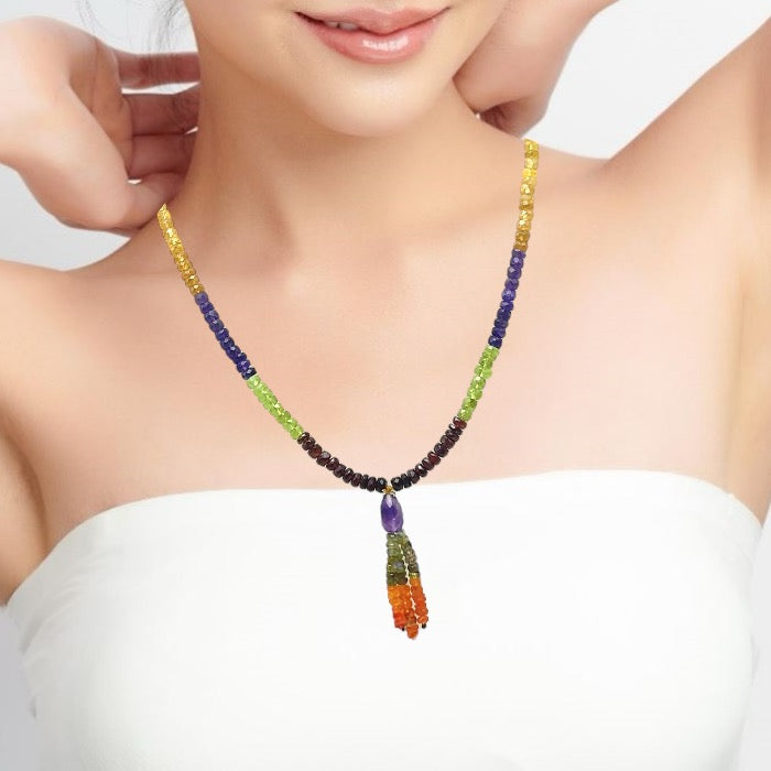 Green Tourmaline Natural, Citrine, Spessartite, Carnelian, Peridot, and Amethyst Necklace