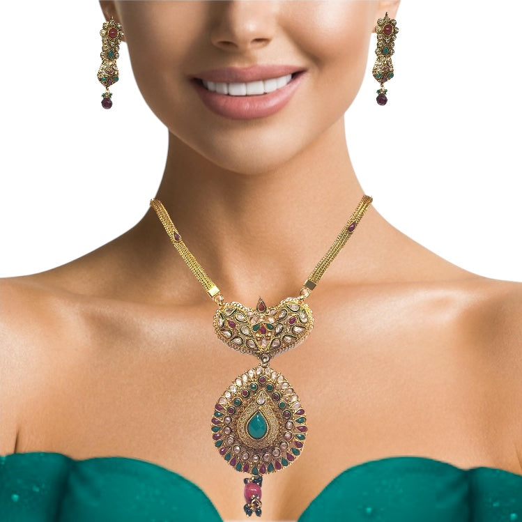 Royal Polki Traditional Heritage Style Pendant Necklace Earrings Gold Plated Bridal Jewellery Set