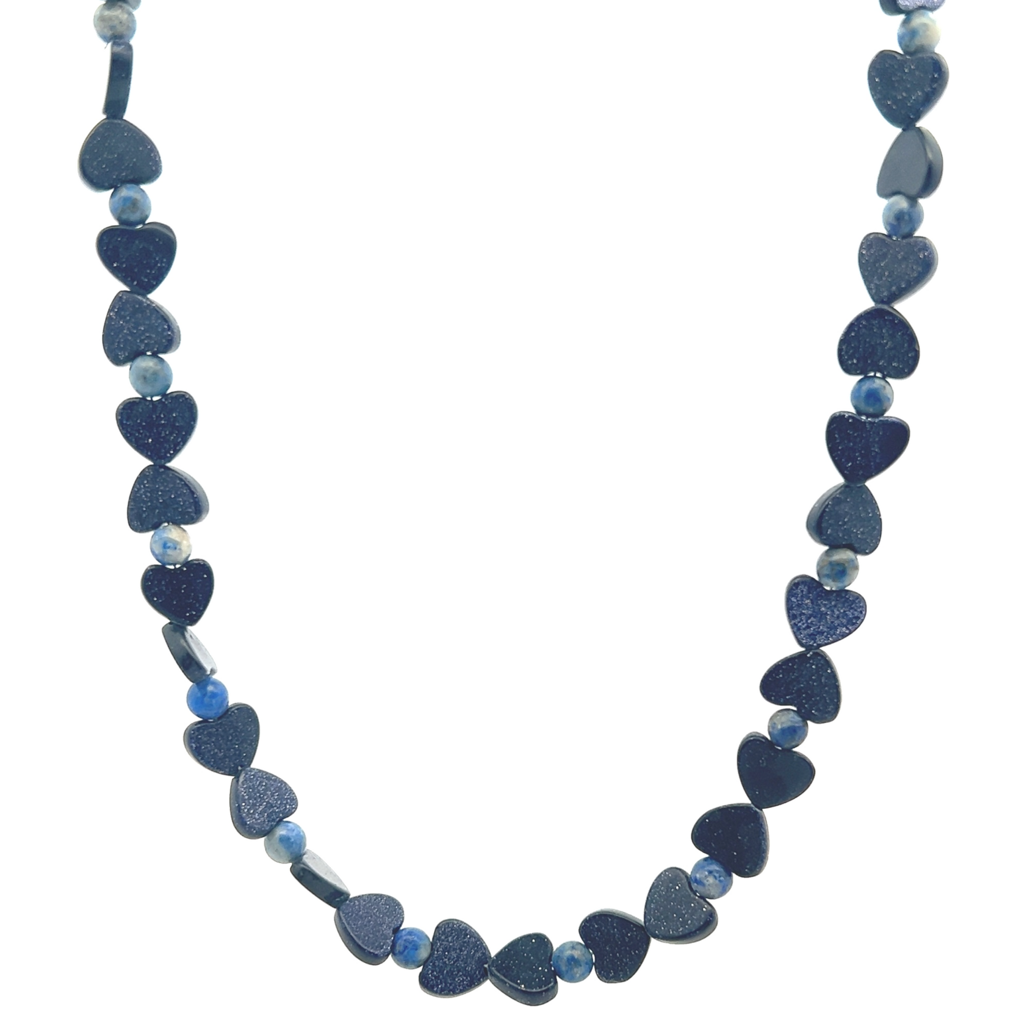 Natural Sunstone Heart with Lapis Lazuli 4mm Ball Gemstone Necklace