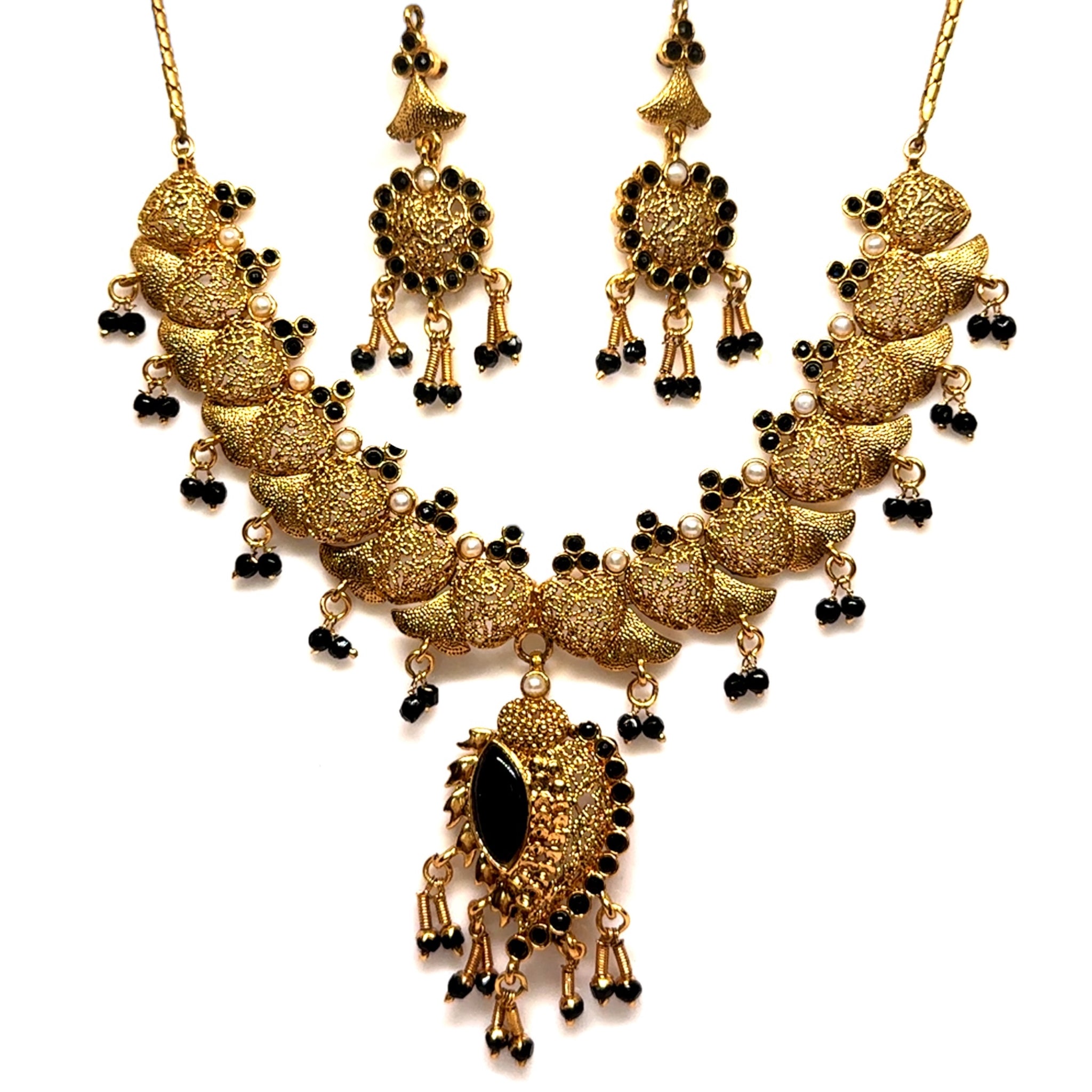Necklace Earring Traditional Indian Black Stones Mangalsutra Evil Eye Protection Jewellery Set