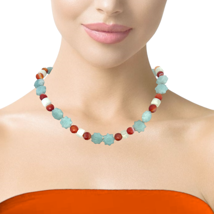 Natural Jade Rondelle Facet Bead & Agate Gemstone Necklace