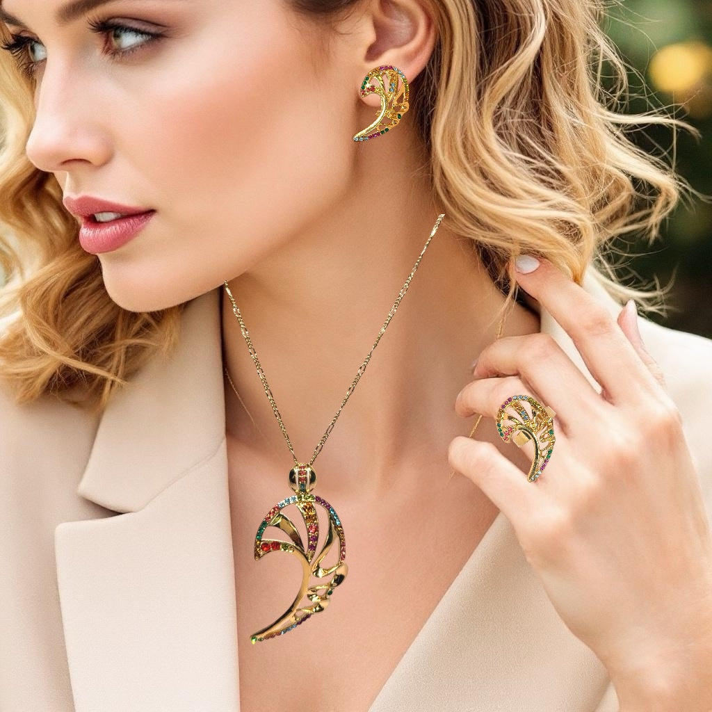 Contemporary Pendant Chain Earring with Ring Aurora Abstract Leaf Design with Swarovski Jewellery Set