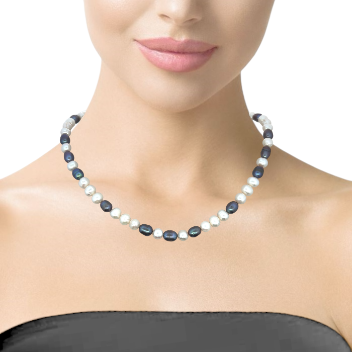 Elegant Two-Tone White and Grey Plain Pearl Necklace