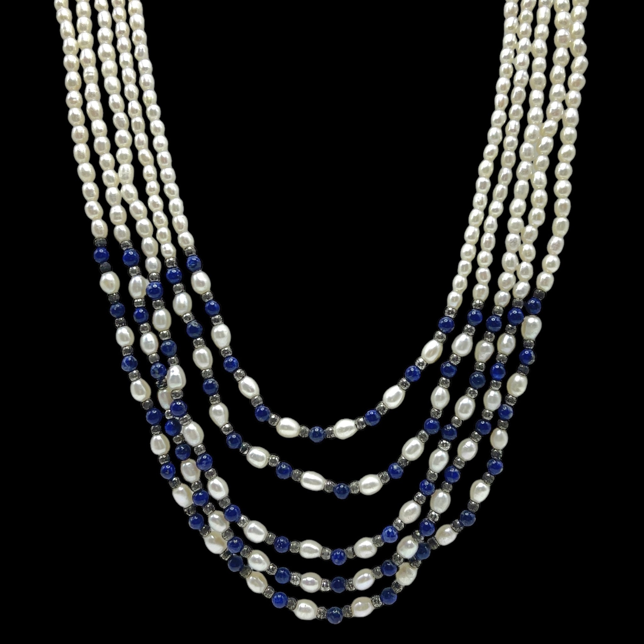 Multi Layered Classic Pearl with Lapis Lazuli Necklace