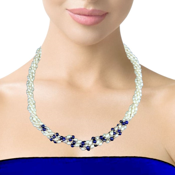 Multi Layered Classic Pearl with Lapis Lazuli Necklace