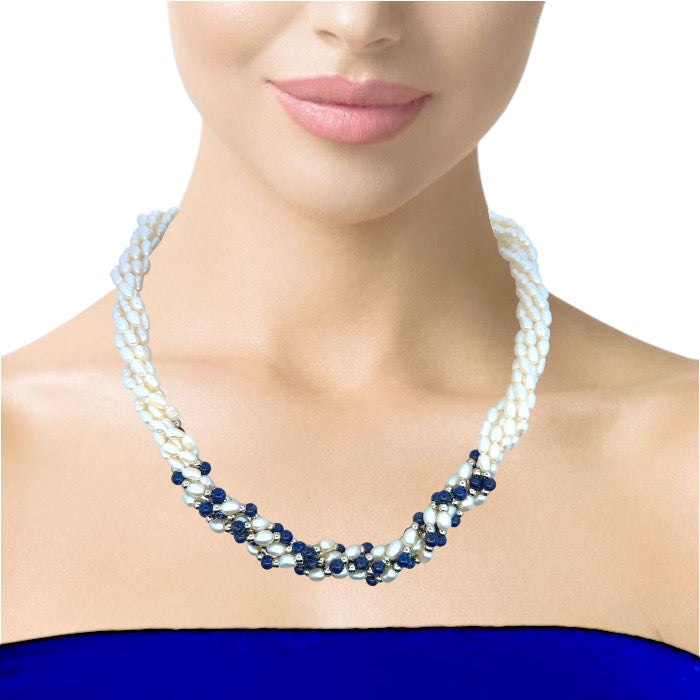 Pearl Multi Layered with Lapis Ball Twisted Beads Necklace