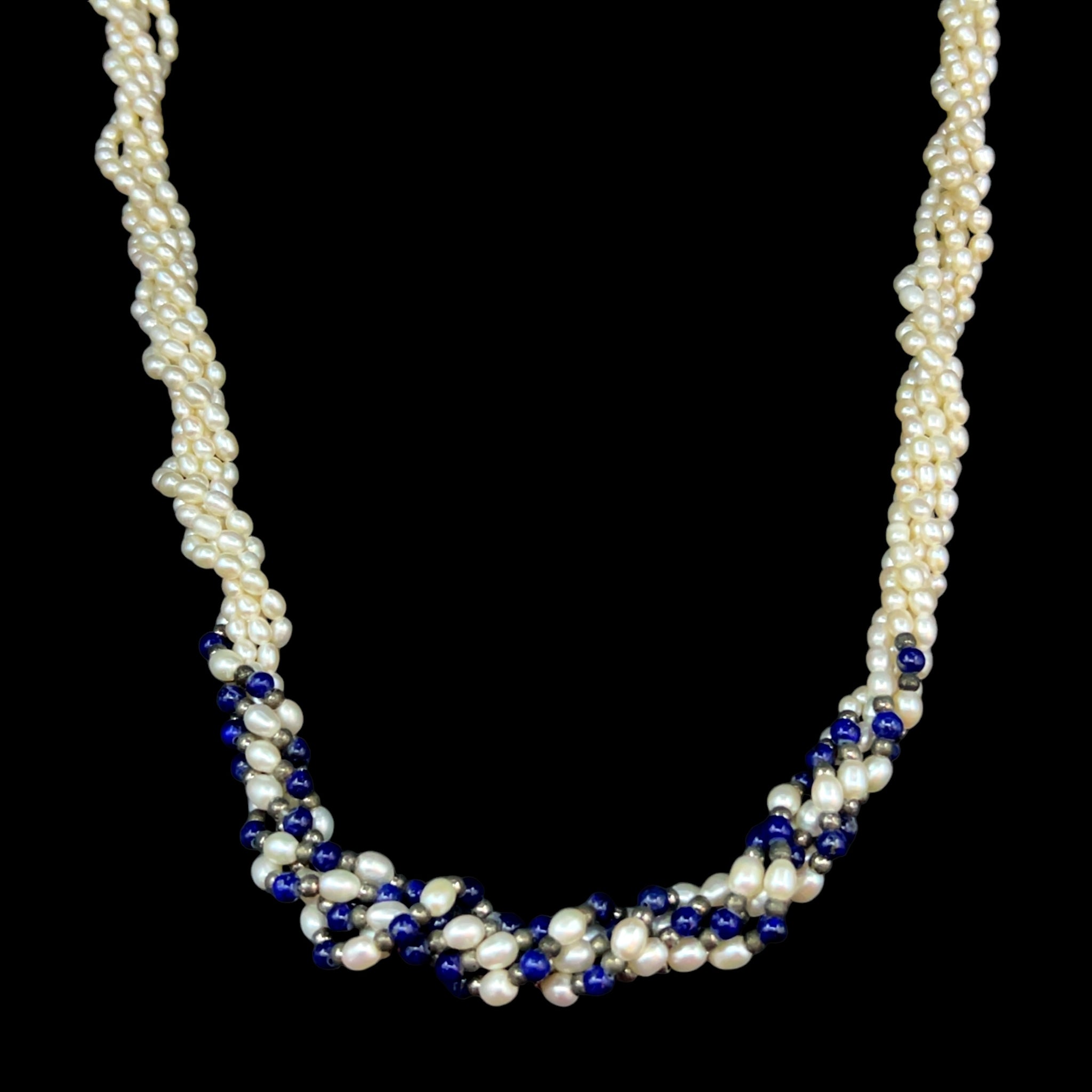 Pearl Multi Layered with Lapis Ball Twisted Beads Necklace