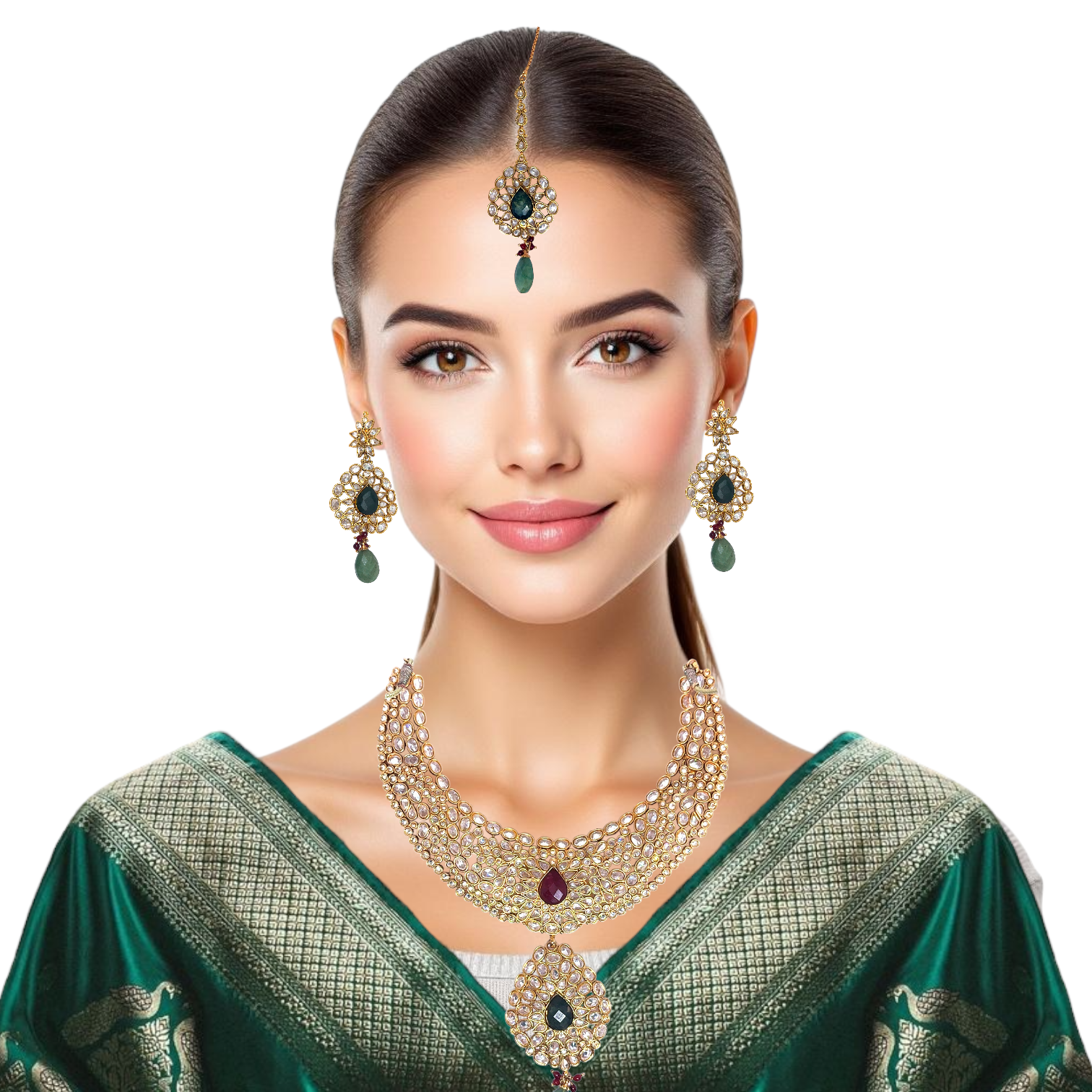 Royal Traditional Necklace, Earring with Ear Chain and Tikka Gold Plated Indian Bridal Jewellery Set