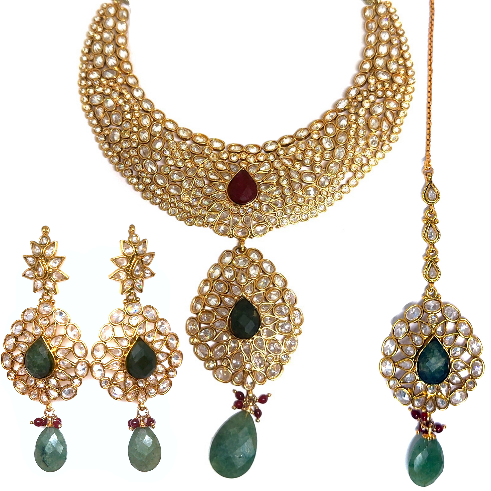 Royal Traditional Necklace, Earring with Ear Chain and Tikka Gold Plated Indian Bridal Jewellery Set