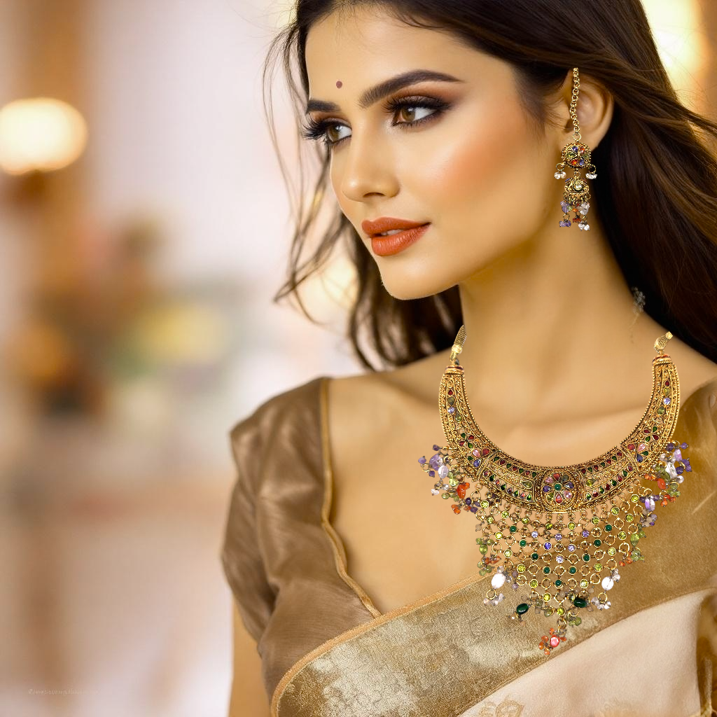 Traditional Indian Royal Choker Necklace with Jhumka & Ear Chain Earring Gold Plated Jewelry Set