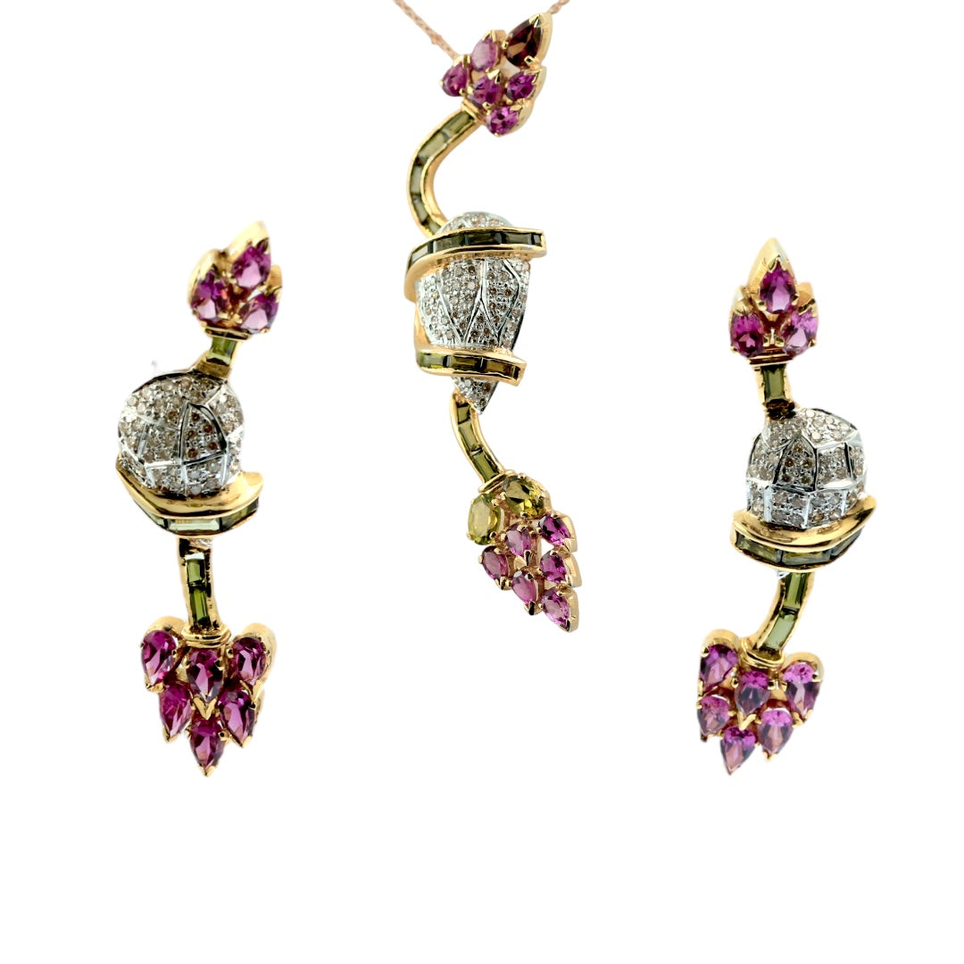 18K Yellow Gold Floral Vine Pendant Earring Natural Round Diamond & Multi Tourmaline Royal Lotus Design Jewellery Set