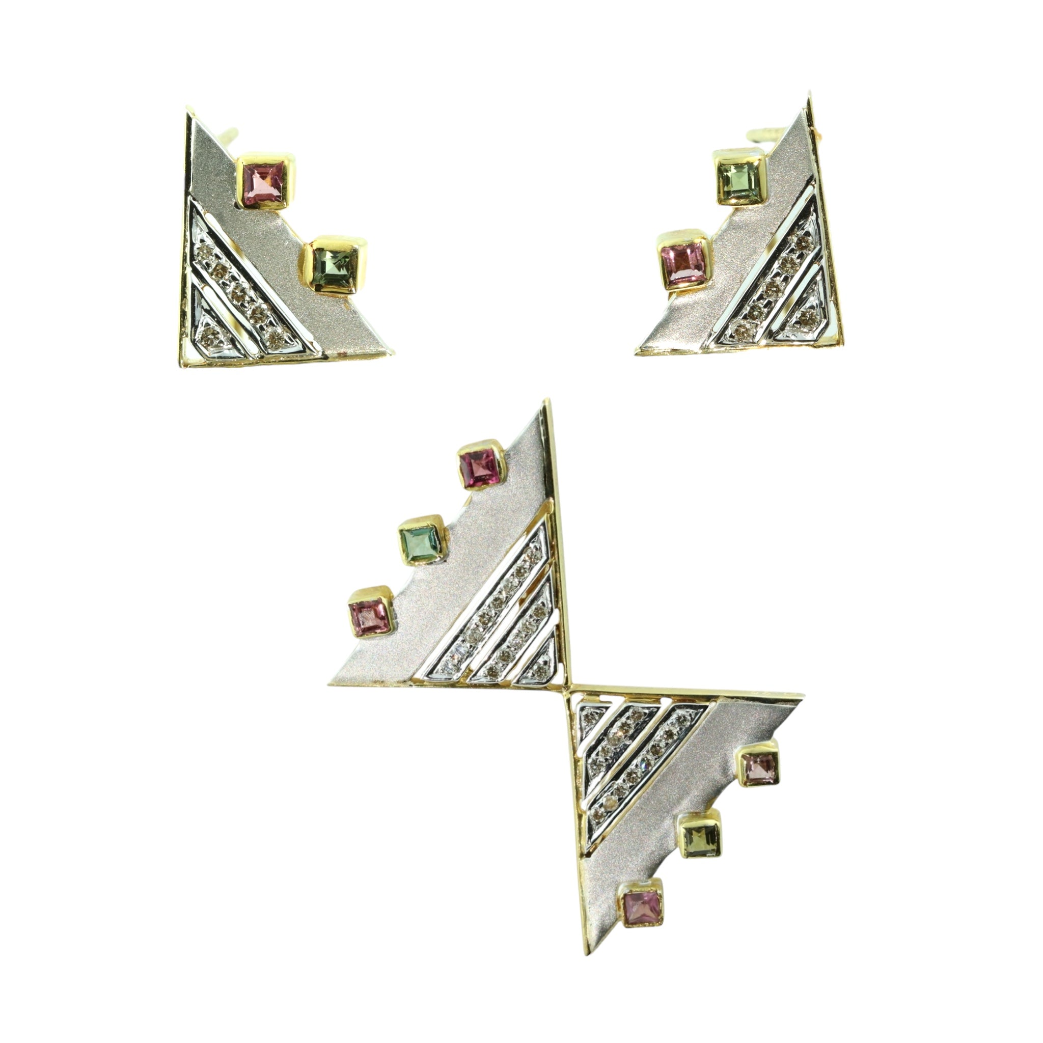 18K White & Yellow Two Tone Gold Earring Pendant with Natural Round Diamond and Square Multi Tourmaline Gemstones Geometric Jewellery Set