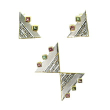 18K White & Yellow Two Tone Gold Earring Pendant with Natural Round Diamond and Square Multi Tourmaline Gemstones Geometric Jewellery Set