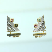 18K White & Yellow Two Tone Gold Earring Pendant with Natural Round Diamond and Square Multi Tourmaline Gemstones Geometric Jewellery Set