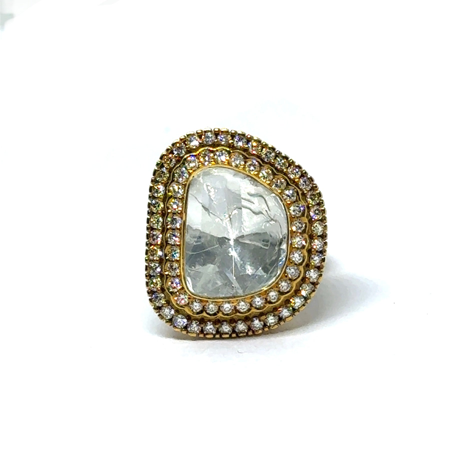 14K Yellow Gold Diamond Polki Ring – Triple Halo Layered Design in Timeless Ethnic Glamour