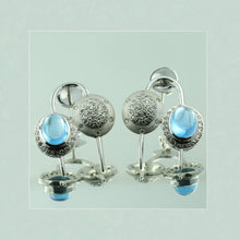 18K White Gold Earring Pendant with Natural Round Diamond & Blue Topaz Cabochon Spearhead Needle Drop Jewellery Set