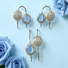 18K White Gold Earring Pendant with Natural Round Diamond & Blue Topaz Cabochon Spearhead Needle Drop Jewellery Set