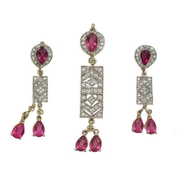 18K Yellow Gold Pendant Earring with Natural Diamond & Tourmaline Jewellery Set