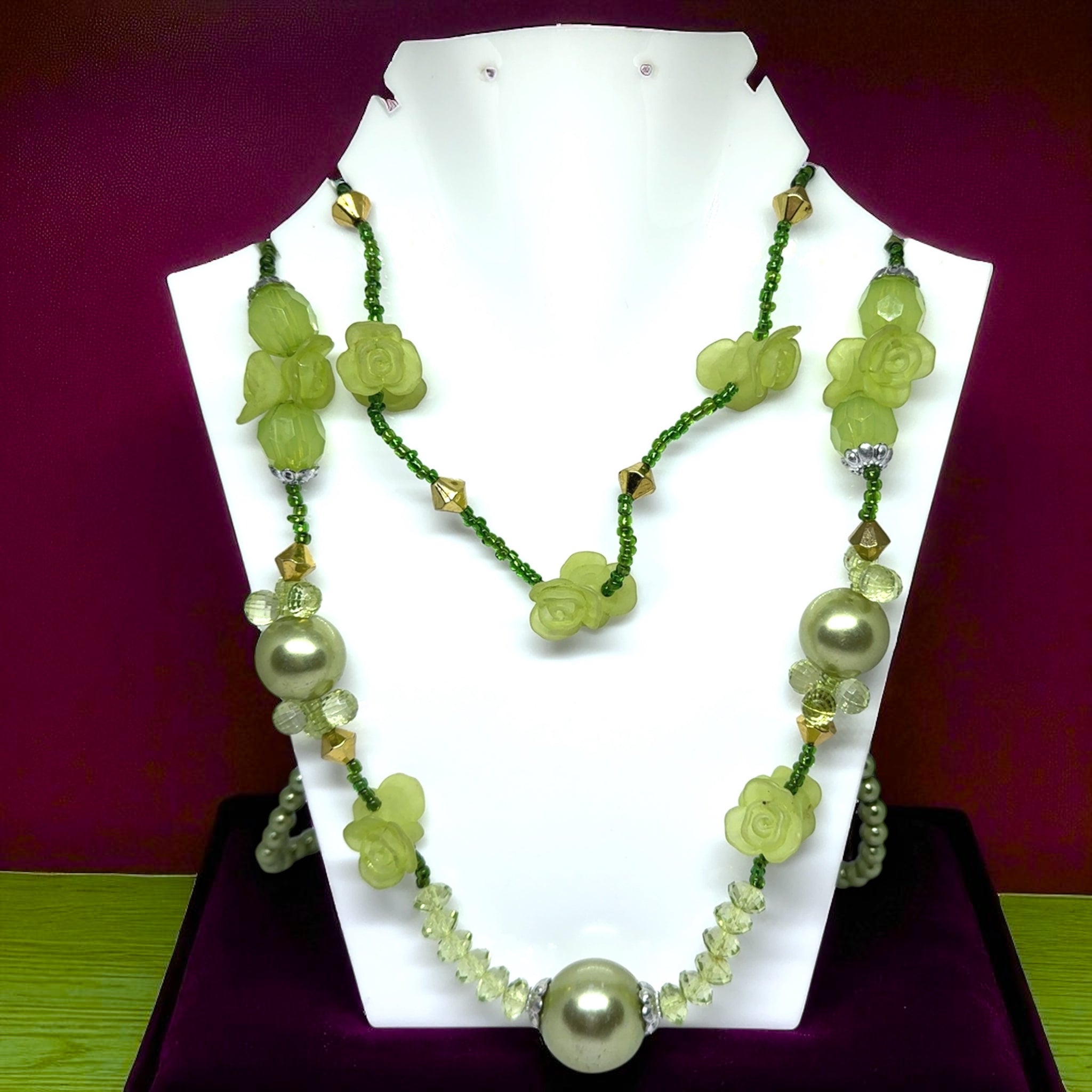 Artistic Multi-Layer Green Beaded Necklace with Simulated Pearls & Carved Floral Accents – Handcrafted Ethnic Jewelry