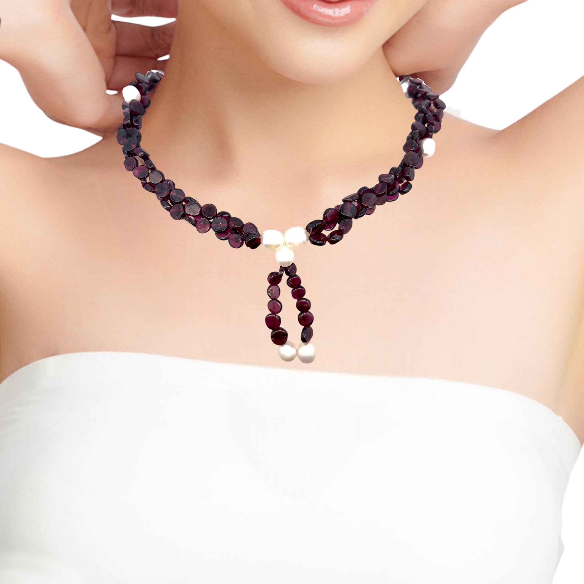 Natural Garnet Button with Pearl Oval Smooth Gemstone Necklace