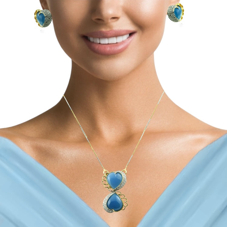 18K Yellow Gold Pendant Earring Chain with Chalcedony Heart & Natural Diamond Jewellery Set