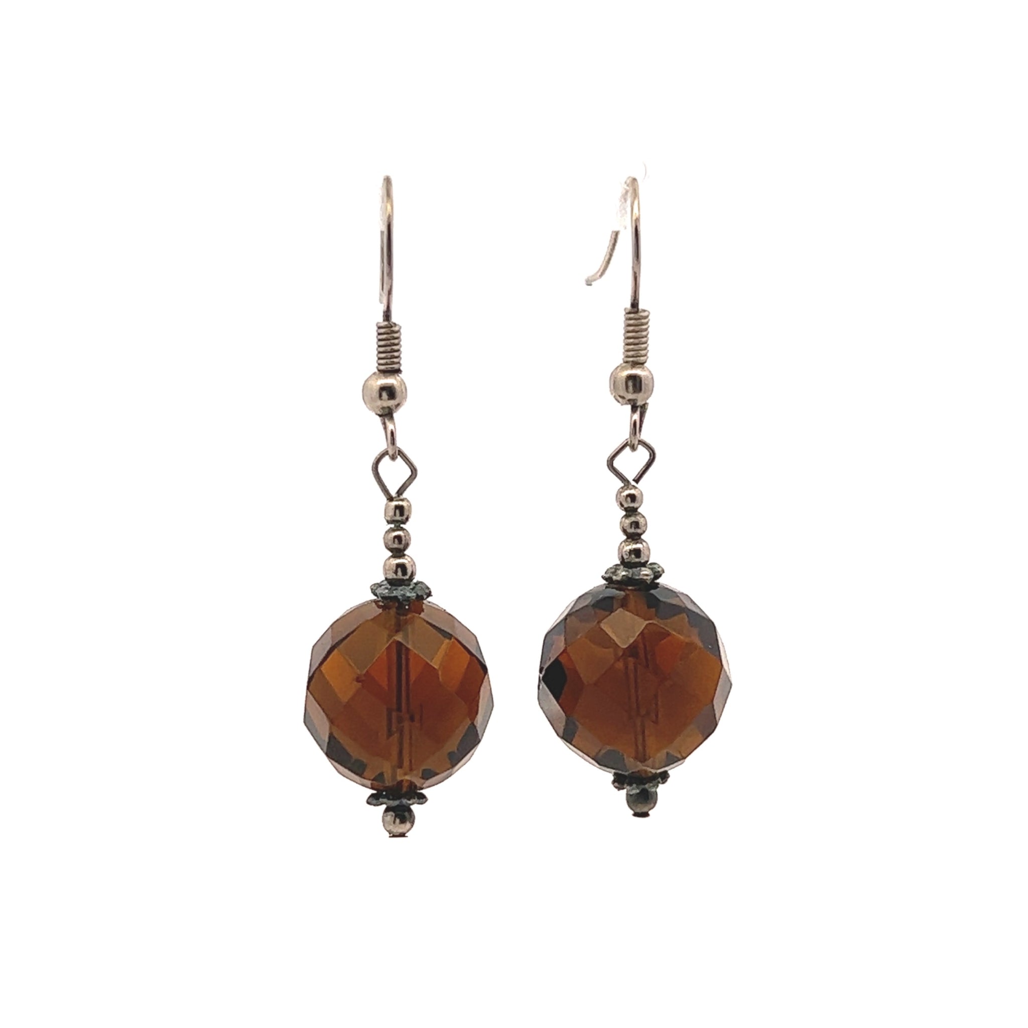 Mocha Brown Smoky Quartz 13.5mm Ball Facet Dangle Gemstone Earrings