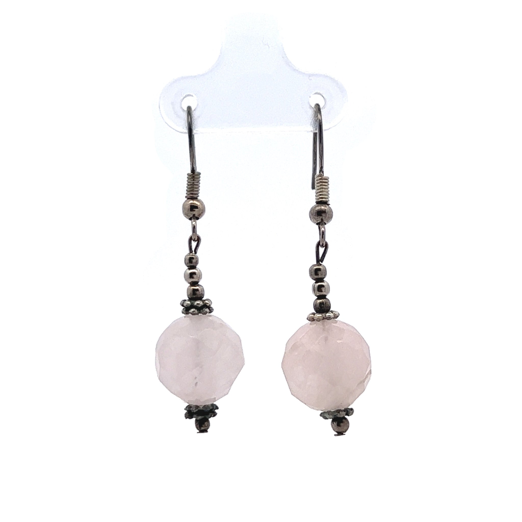 Pale Pink Rose Quartz 12mm Ball Facet Dangle Gemstone Earrings