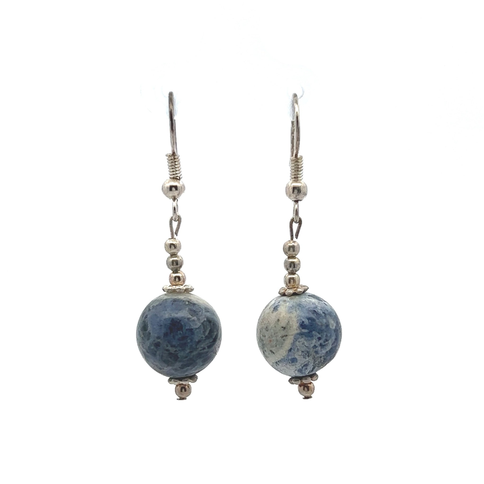 Blue White Sodalite 12mm Ball Plain Dangle Gemstone Earrings