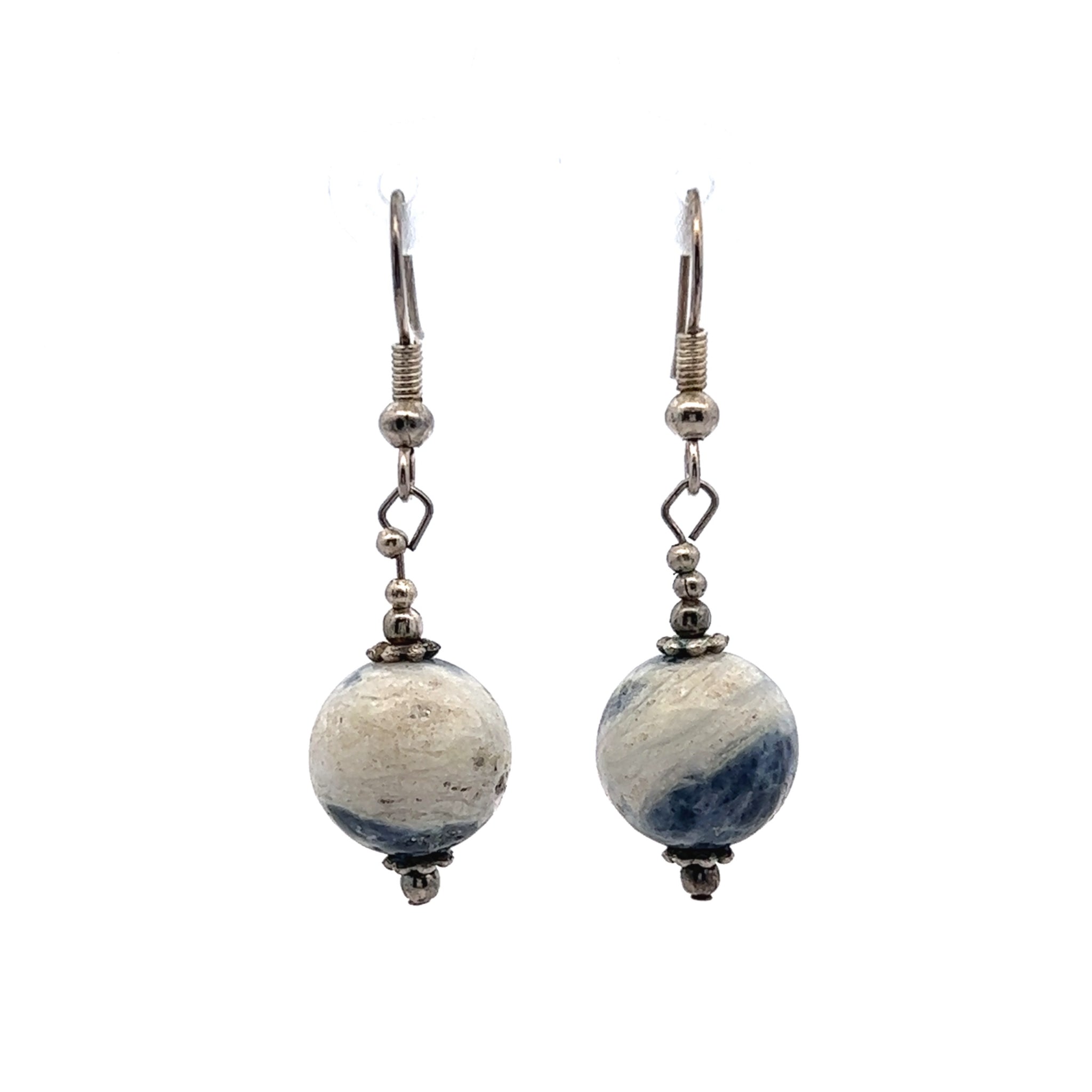 Blue White Sodalite 12mm Ball Plain Dangle Gemstone Earrings